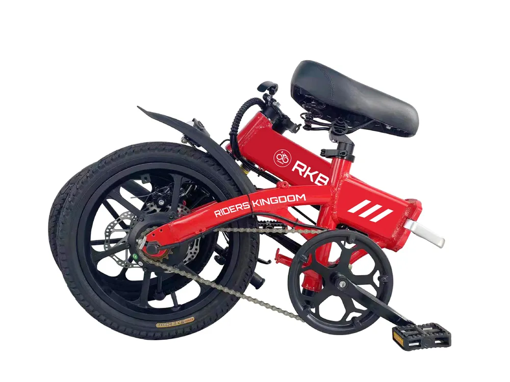 Red folding electric bike in fully folded position, showing compact portable design for easy storage and urban commuting