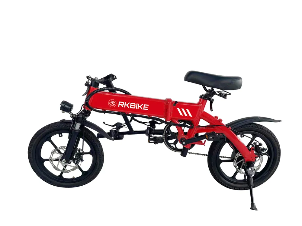 Red folding electric bike with handlebar folded, highlighting space-saving and portability for urban commuting