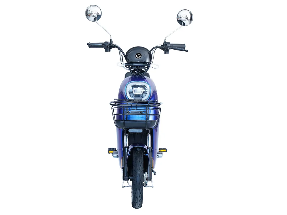 Front view of a dark blue electric scooter showcasing its sleek frame, wide tires, LED headlight, ergonomic handlebars, and modern urban commuting features