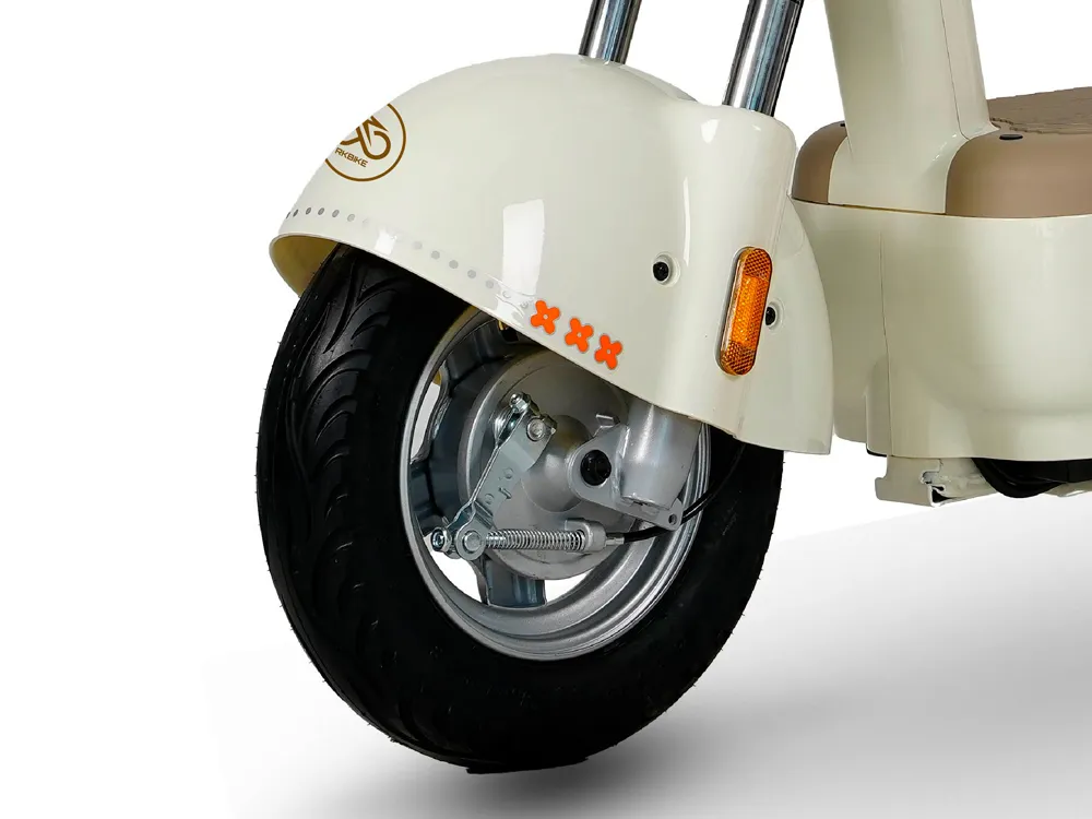 Close-up of an electric scooter front wheel, showcasing the tire tread, disc brake, and hub design for stable urban commuting
