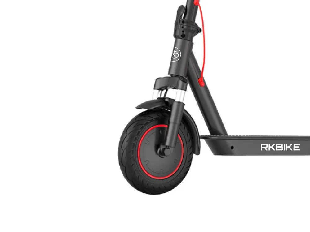 Close-up view of the front wheel of a scooter, highlighting the durable tire tread, disc brake, and hub system for improved stability and safety in city commuting