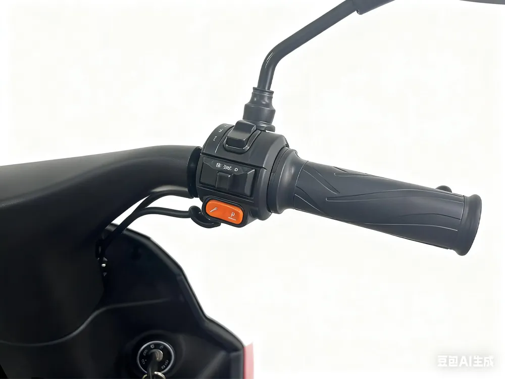 Close-up of electric scooter ignition button and handlebar control panel showing material and design details