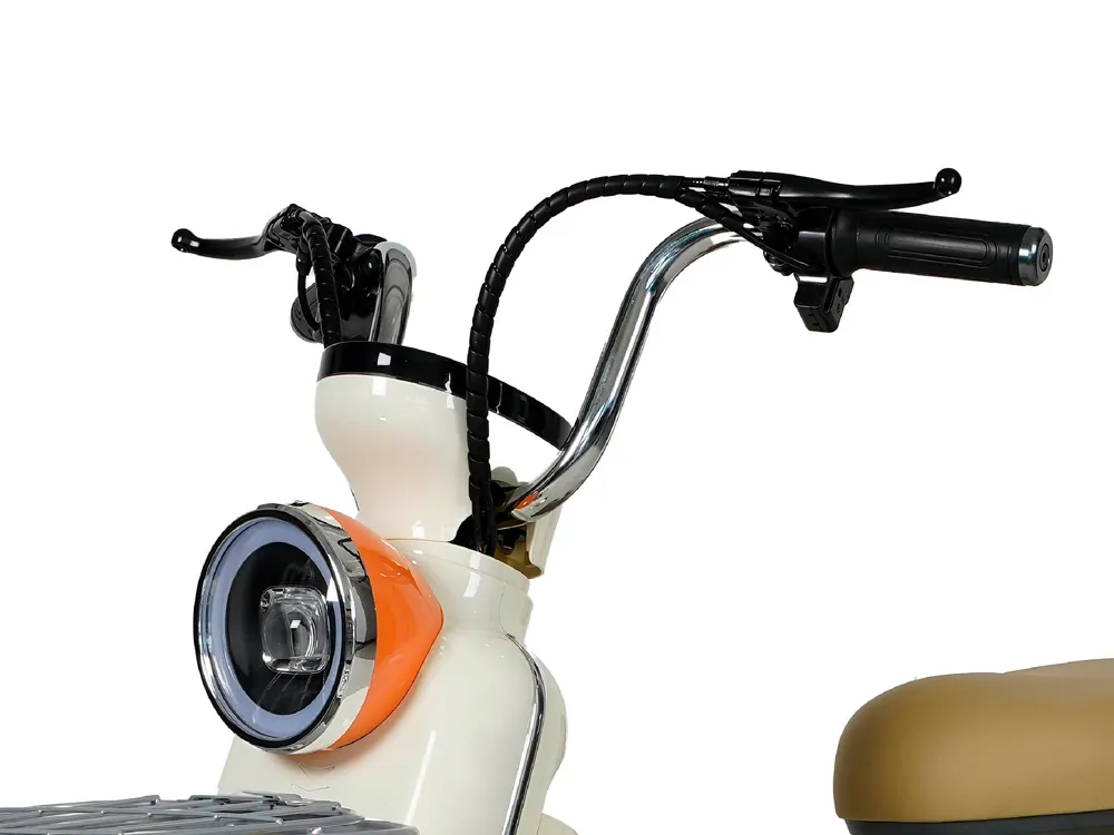 Close-up of electric scooter handlebars and front headlight, showing control switches, brake levers, and LED lighting for safe urban commuting
