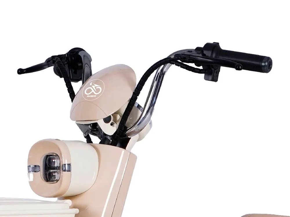 Close-up of beige electric scooter front basket and LED headlight, showing storage space and bright lighting for safe urban commuting