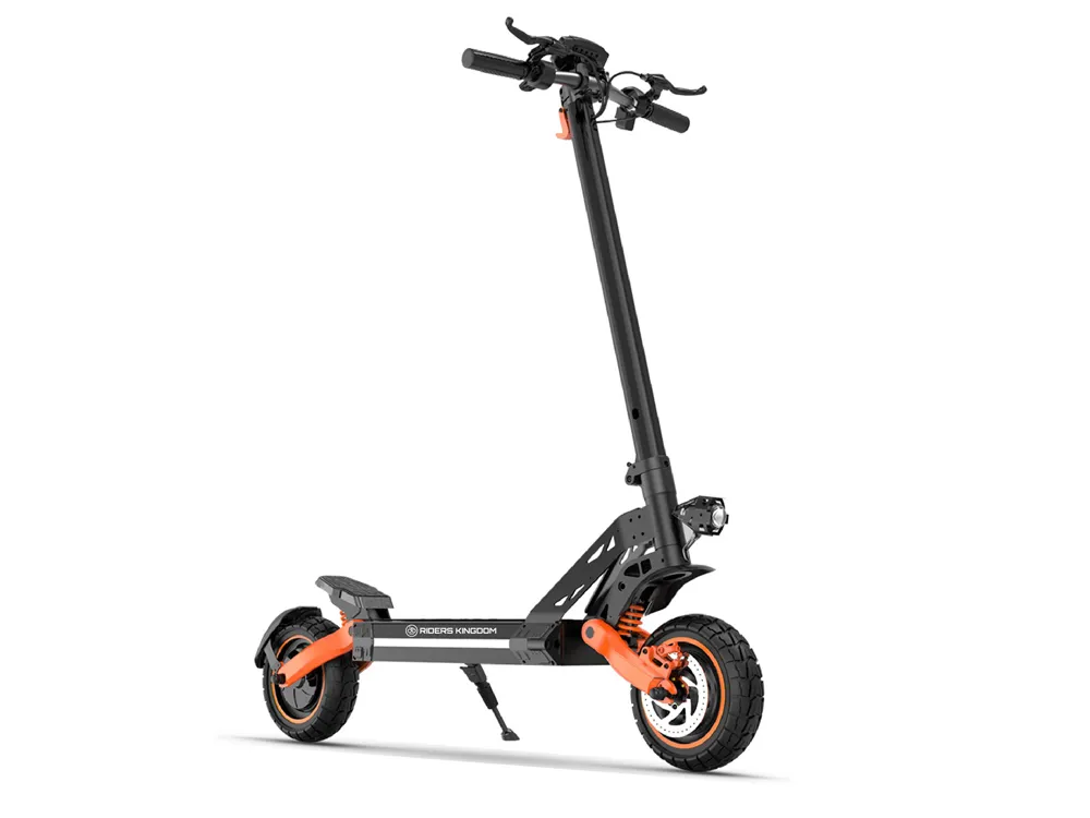 Side view of a sleek and compact electric scooter designed for urban commuting, showcasing its modern frame, wide tires, and ergonomic design for smooth city travel
