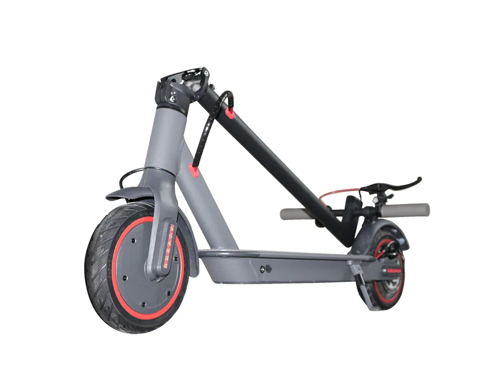 Folded electric scooter showing compact design and portable structure, ideal for easy carrying and urban commuting storage