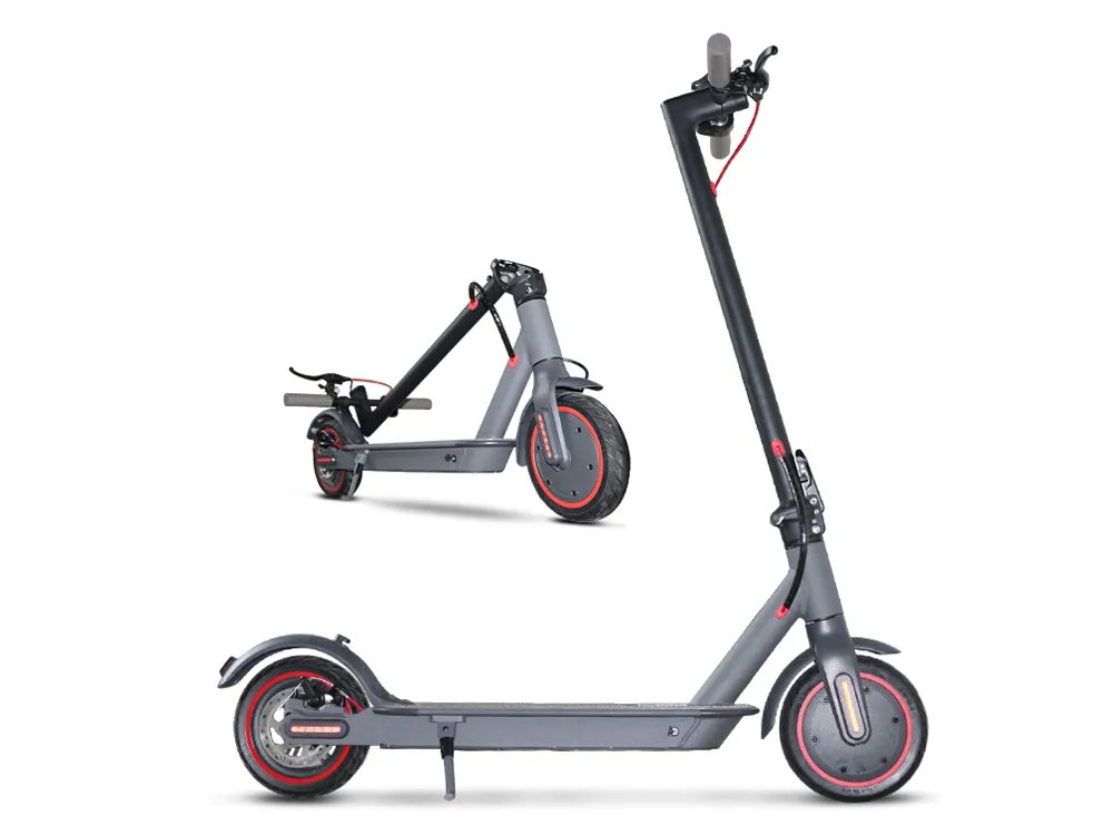 Electric scooter shown in both folded and unfolded states, highlighting portability and full riding capability for city commuting