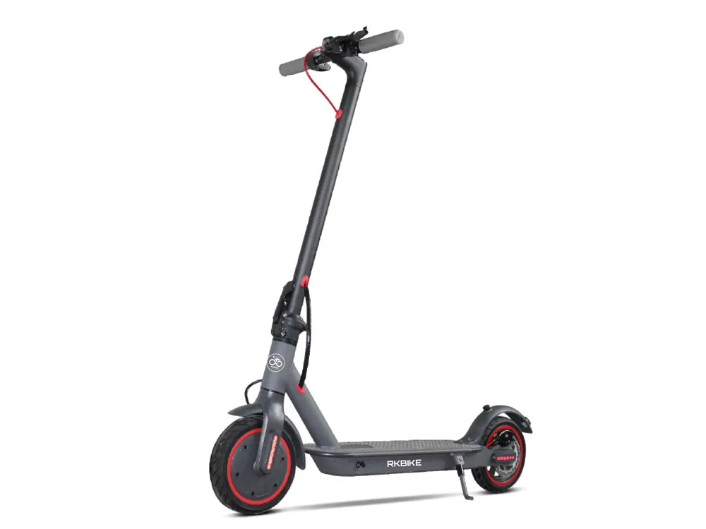 Front view of an electric scooter with modern streamlined design, foldable frame, and ergonomic handle for efficient city commuting