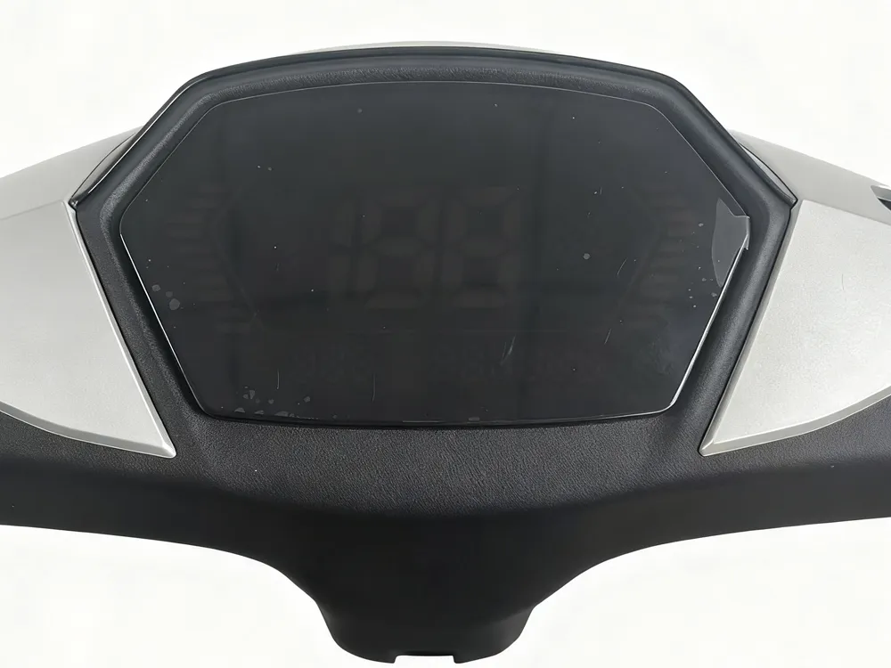 Close-up of electric scooter dashboard showing the display screen and control features