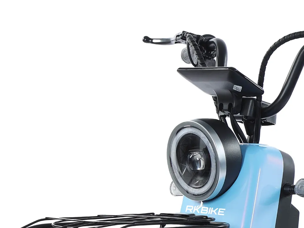 Close-up of electric scooter headlight, showcasing its design and functionality for enhanced visibility during urban commuting