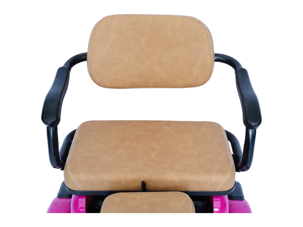 Close-up of the rear seat of an electric tricycle, featuring cushioned padding, ergonomic backrest, and stable support for comfortable passenger riding