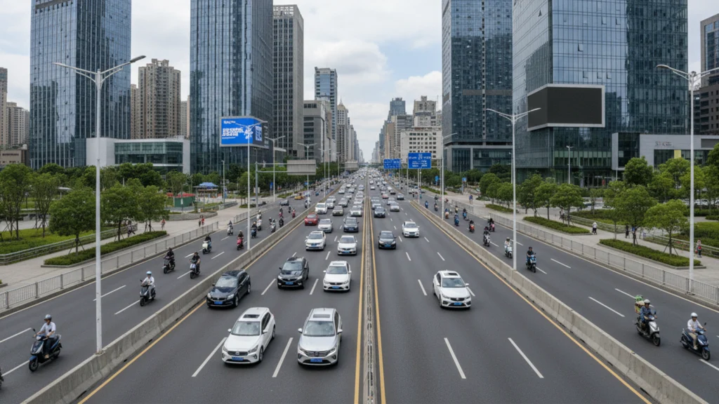 Urban mobility system showing electric motorcycles and gasoline scooters in high-frequency city commuting scenarios