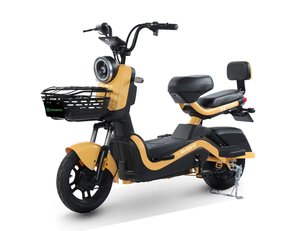 Full view of a yellow electric scooter, showcasing its sleek design, comfortable seat, and urban commuter features